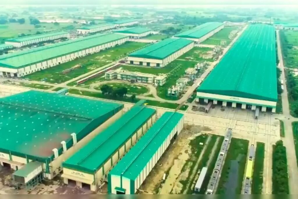 Panoramic aerial view of the MCF Raebareli manufacturing plant, a state-of-the-art facility dedicated to producing high-quality Precision Defence & Railway Components.