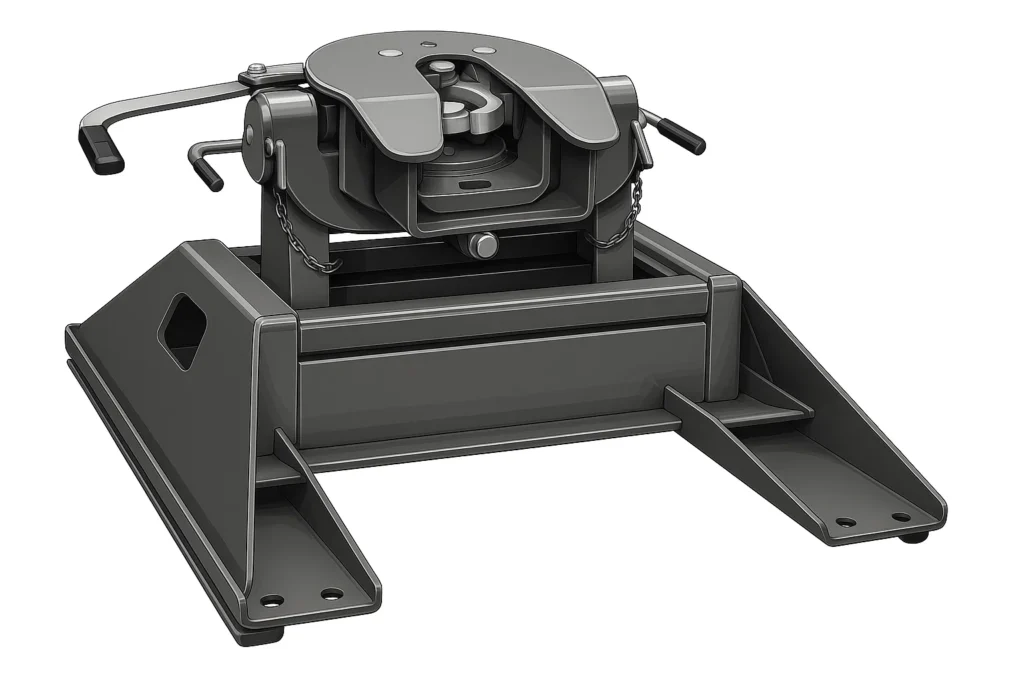 A high-performance 5th Wheel Hitch Slider designed for heavy-duty towing, showcasing Precision Engineering in its durable Automotive Components frame, utilizing a robust Wheel Hitch mechanism to ensure stable and secure trailer connections.