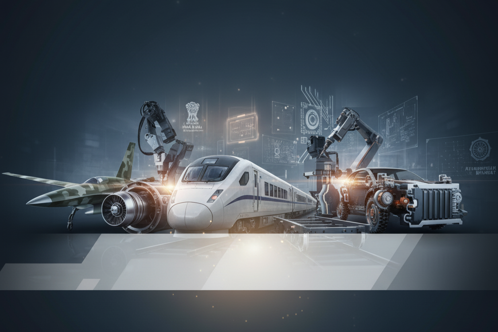 Industrial montage showcasing high-tech manufacturing of Precision Defence & Railway Components while Serving Critical Industries like aerospace and automotive.