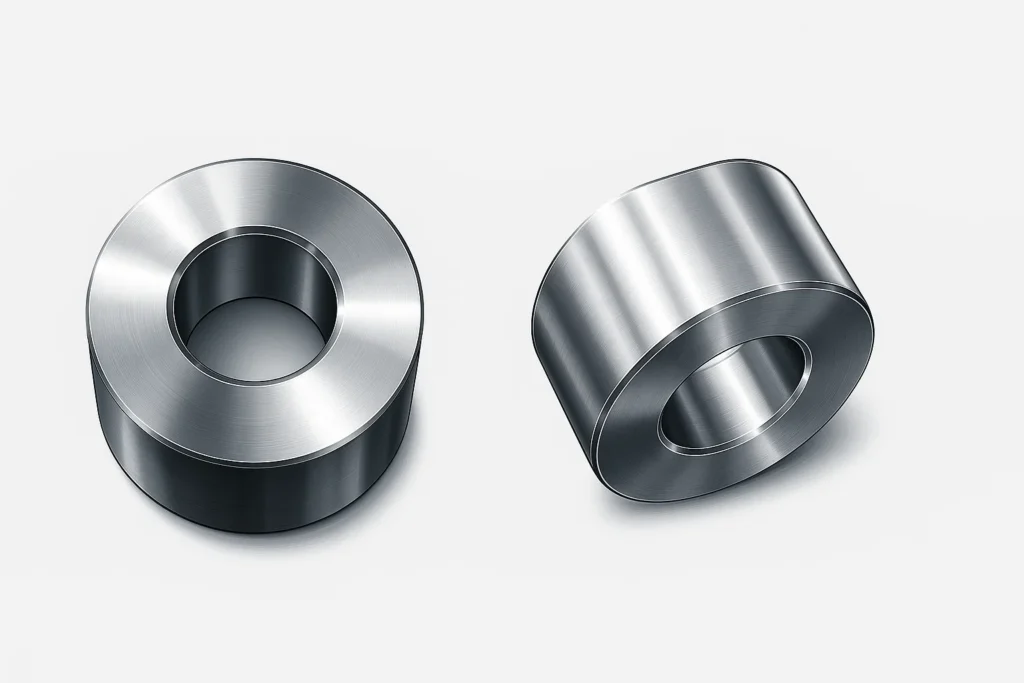 A pair of high-quality metallic distance bush components shown from different angles, showcasing the smooth finish and precision engineering required for durable aerospace components.