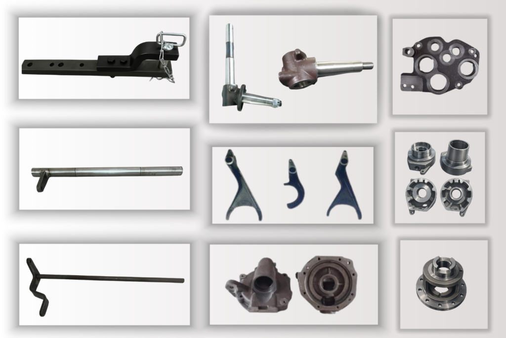 A professional showcase of high-quality Agricultural Components, including a precision-engineered Stub Axle Assembly, Shaft Assembly Brake, and durable Wet Brake Housing, designed for superior performance in heavy-duty machinery.