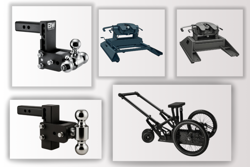 Automative Components designed for heavy-duty towing and transport versatility. The collection features a robust truck hook and adjustable wheel hitch assemblies, engineered for maximum durability and precision when securing heavy loads. Alongside these essential towing attachments, the display includes a specialized Motor Cycle Trolly frame, highlighting advanced manufacturing solutions for vehicle recovery and specialized logistics.
