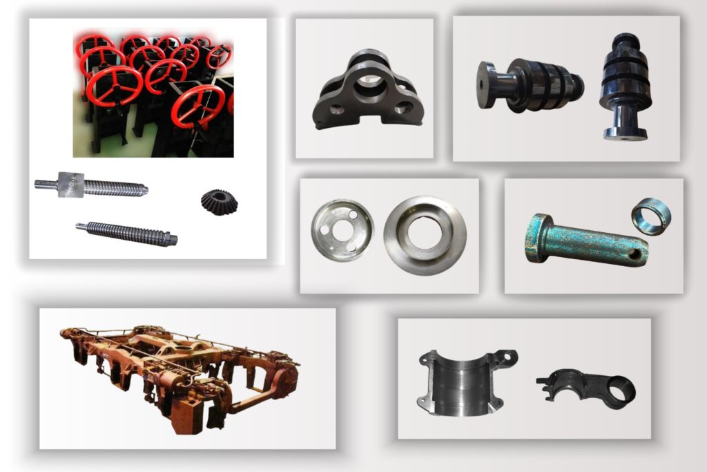 A collage of industrial Railway Components featuring a heavy-duty Brake Head assembly, a machined Control Arm, and various metal shafts and gears produced through Precision Engineering for locomotive systems.