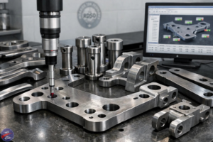 Coordinate measuring machine (CMM) probing a precision-machined metal part on a workstation, with multiple cylindrical components around and measurement analysis displayed on a computer screen.