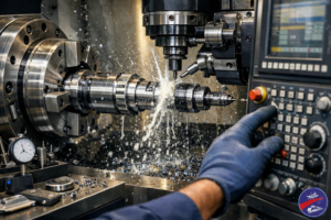 Close-up view of a CNC machine cutting a rotating metal shaft with coolant spraying, while an operator adjusts settings on the control panel.