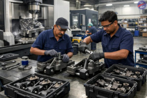 Two technicians in a modern machine shop assembling precision mechanical components on a workbench, with CNC machines operating in the background and trays of machined parts nearby.