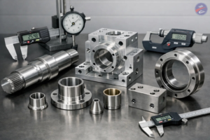 Assorted precision machined metal components displayed on a workbench alongside digital calipers, a micrometer, and a dial height gauge used for dimensional inspection.