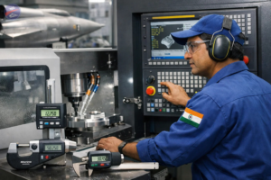 A CNC machine operator wearing protective gear programs a CNC control panel, with precision measuring tools on the workbench and a machined part inside the CNC enclosure.