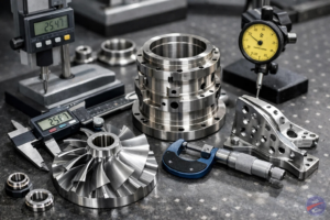 A high-angle, close-up shot of various precision-engineered metal components and measurement tools on a gray granite surface plate. The parts include a complex turbine-like impeller and a large cylindrical flange. The tools featured are a digital height gauge, a dial indicator on a stand, a digital caliper, and a micrometer, highlighting a high-standard quality control environment.
