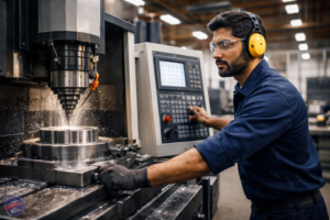 A focused male technician with a beard is operating a large CNC milling machine in an industrial workshop. He is wearing safety glasses, yellow earmuffs, and a navy blue work shirt. The machine is actively cutting a circular metal part, with coolant and metal shavings spraying from the drill bit. He has one hand on the control panel and the other near the machine bed.