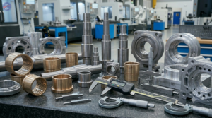Precision Components including machined shafts, bushes, and housings undergoing quality inspection.