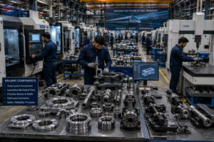 Railway Components Manufacturing using CNC machining for brake system components, precision shafts, and locomotive assemblies