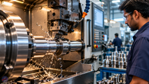 Precision component manufacturing using a VMC and CNC machine to produce precision engineered components in a modern Indian manufacturing facility.