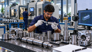 Engineer inspecting precision-machined railway shafts and components using a micrometer