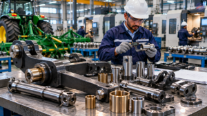 Precision-machined tractor components including swinging drawbar assembly under inspection.