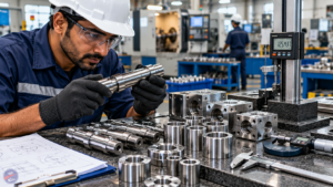Quality inspector measuring precision-machined shafts, bushes, and metal blocks using digital measuring instruments in an industrial workshop.