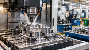 CNC vertical machining center cutting a metal component with coolant flow and metal chips in an organized precision manufacturing facility.