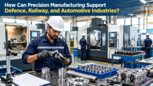 Precision manufacturing facility with an engineer inspecting machined metal components using a digital caliper near CNC and VMC machines.