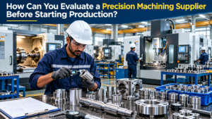 Precision engineer inspecting machined metal components in a modern CNC manufacturing facility.