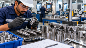 Quality inspector measuring precision-machined shafts and bushes using calibrated instruments.