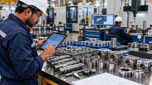 Manufacturing engineer reviewing precision-machined components and production inspection records.