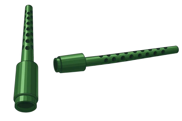 Green metal core barrel with tapered perforations used for core sampling in drilling operations, shown in upright and side views on a white background.