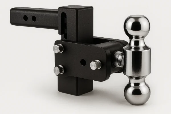Heavy-duty adjustable truck hitch featuring a black steel mounting bracket and dual chrome trailer balls for towing applications.